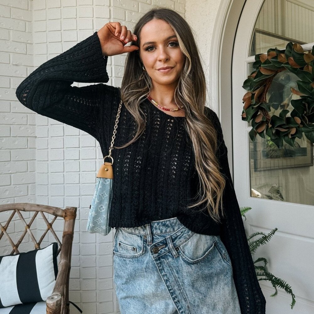 Women's Open Knit Crochet V-Neck Sweater Top | Black